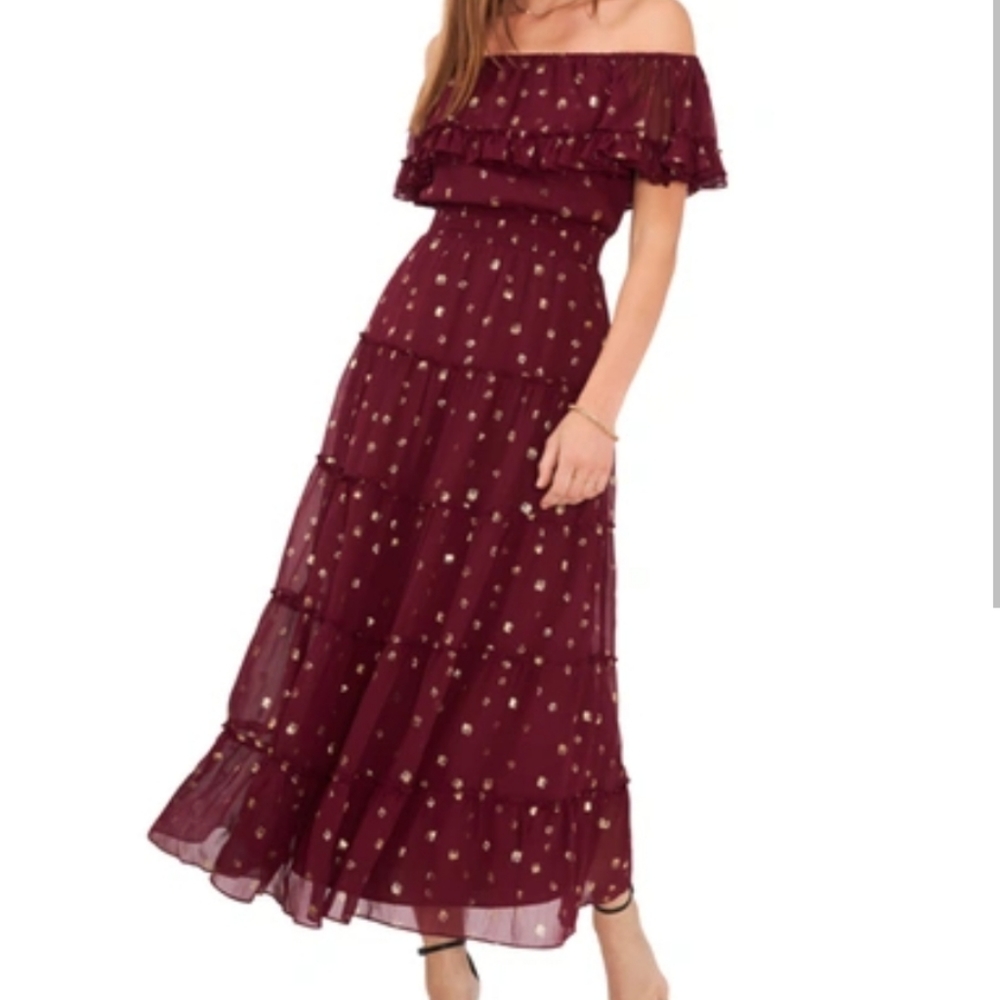 Vince Camuto Foil Accent Off the Shoulder Tiered Dress in Dp Cranberry size M